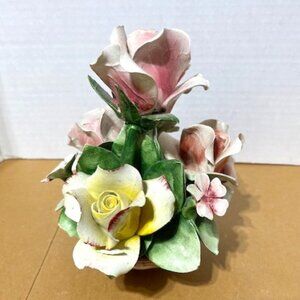 VTG Capodimonte Pink Yellow Floral Flower Basket Bouquet Centerpiece 8" Tall